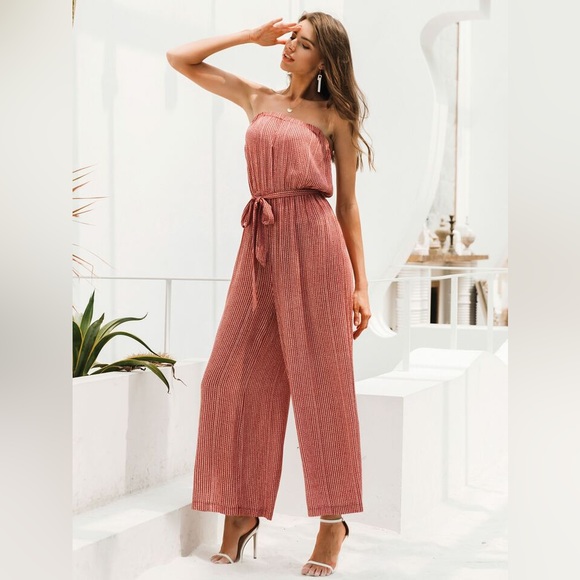 Simplee Striped Belted Wide Leg Tube Jumpsuit - Picture 3 of 5